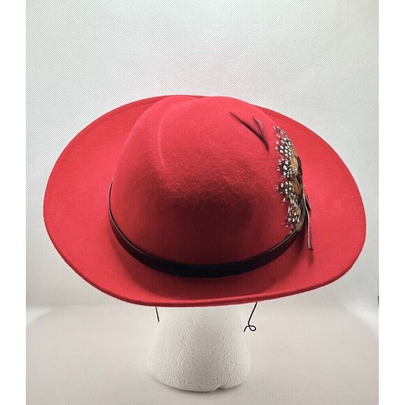 LANCASTER 100% Wool RED Hat With Feathers Black Patent Trim Made in USA - Picture 4 of 7